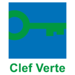 Logo Clef Verte, clé verte sur fond bleu.