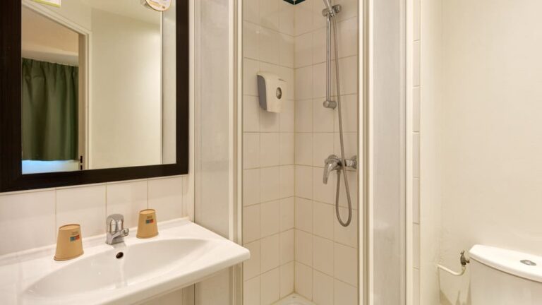 Salle de bains avec douche et lavabo.